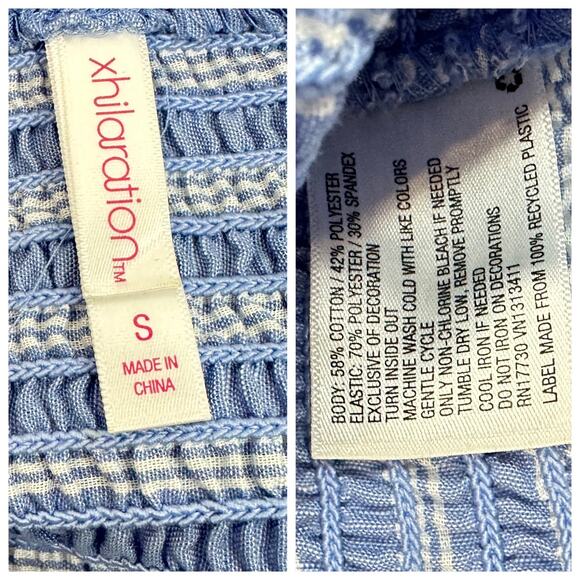 Womens Puff Sleeve Smocked Crop Top Embroidered Striped Blue White Size Small - Picture 4 of 4